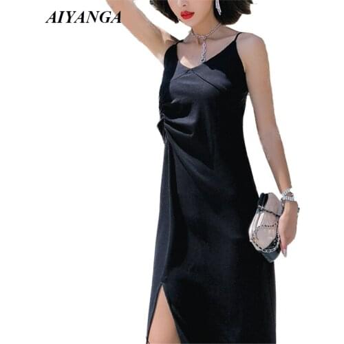 Black Sexy Long Dress Women 2019 Spring Summer Spaghetti Strap Dresses Ladies V Neck Sleeveless holiday Dress Split Hem Slim