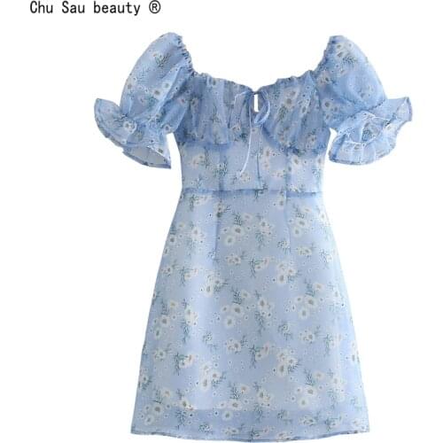 2021 French Sweet Summer Square Collar Printed Dress Sexy Fashion Puff Sleeve Lace-up Slim-Fit Mini Dresses Zipper Vestido