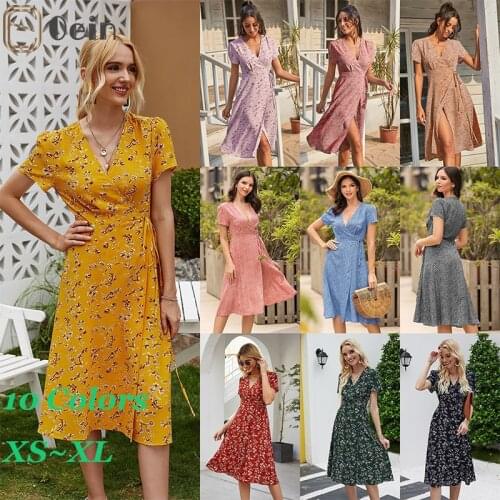 Oein Womens Summer Dress 2021 New Girl V-neck A-line Short Sleeve Chiffon Tie Self Floral Party Beach Red Dress Femme Robe