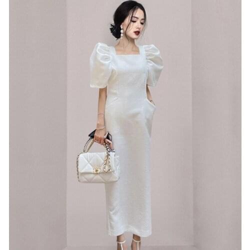 Puff Sleeve Square Neck Casual Midi Korean Dress Women Vintage Pure Color French Elegant Dresses 2021 Summer Fairy Grunge Robe
