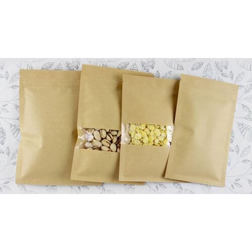 100pcs Flat Brown Kraft Paper Bags For Gifts/candy/tea/food/wedding With Window No Stand Up Zipper Kraft Bags Crafts Packing Bag