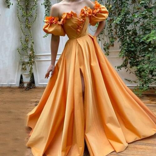 2021 Orange Satin Prom Dresses Off Shoulder Short Sleeves Flowers High Side Split Evening Gown Party Dress for Graduation