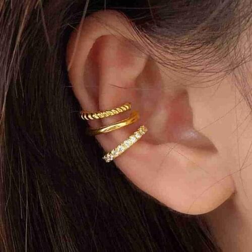 3Pcs/set Minimalist Gold Color C Cubic Zirconia Cartilage Earclip Earrings for Women Clip On Earring Punk Style Ear Cuffs