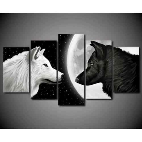 5 Pcs Canvas Picture Print Wall Art Canvas Painting Wall Decor for Living Room Black and White Wolf MOON Poster No Framed