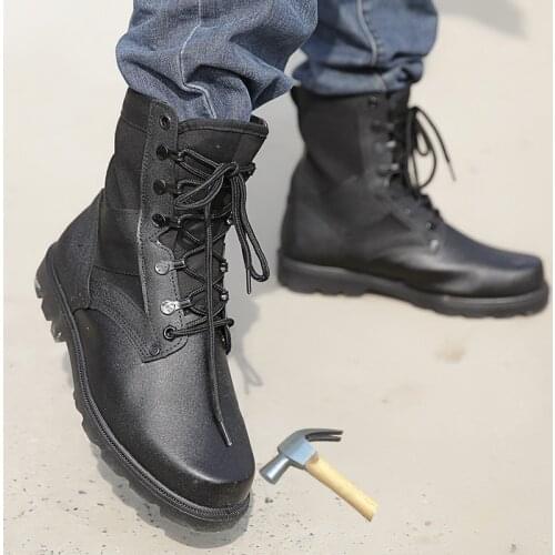 Black Military Tactical Boots Men Leather Army Men Steel Toe Work Safety Boots Anti-Collision Botas Fashion Motorcycle Boots