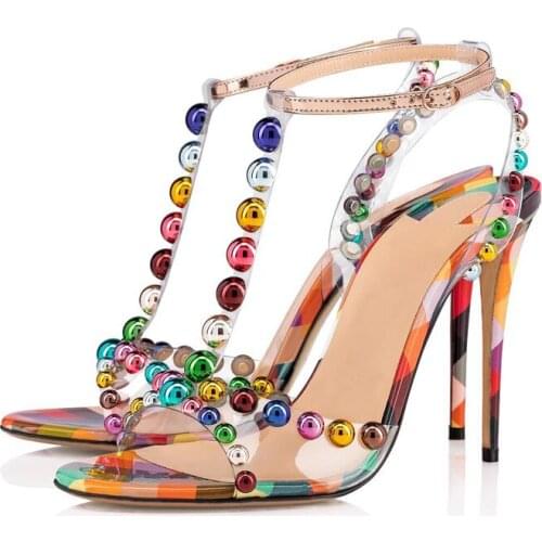 2019 Hot Selling Celebrity Sandals Summer Colorful Studed PVC Transparent T-strap High Heel Shoes Formal Party Shoes