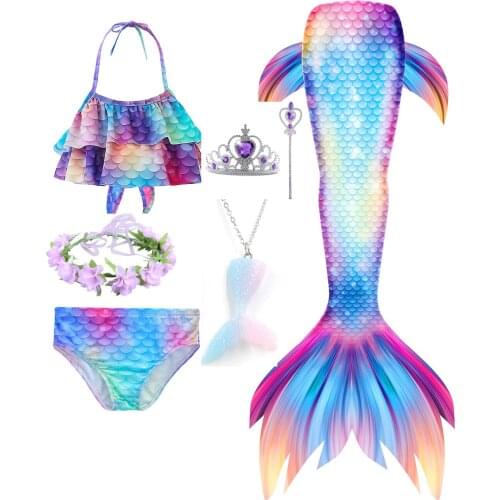Mermaid Tail Girls Swimming Bikini Set without Monofin Flipper Kids Costumes Cosplay Swimsuit Bathing Suit 3PCS(Bra+Shorts+Tail)