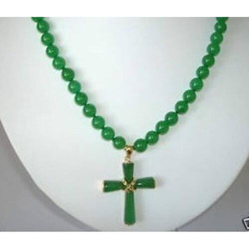Hot sell Fast SHIPPING Miss charm New Beautiful Natural 8Mm Beads Green Jade Cross Pendant Necklace 18
