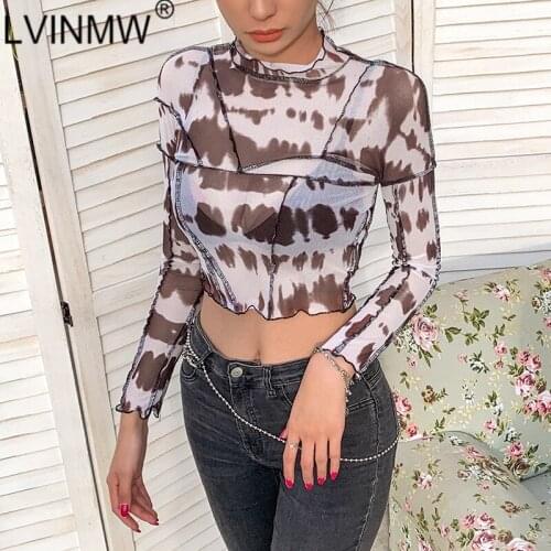 LVINMW 2020 Fashion Mesh Print Line Patchwork Ruffle Slim Crop Top Sexy O Neck Long Sleeve Backless T shirt Female Streetwear