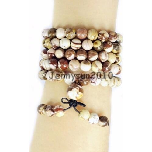 Natural Brown Zebra 8mm Gem Stone Buddhist 108 Beads Prayer Mala Multi-Purpose Stretchy Bracelet Necklace 2Strands/Pack