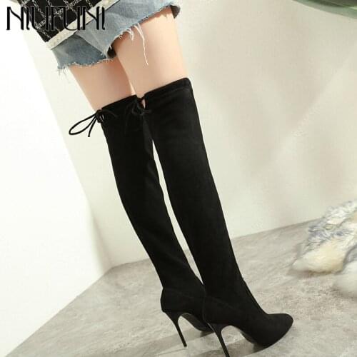 NIUFUNI Womens Fashion Black Over The Knee Boots Sexy Stiletto High Heels Pointed Toe Lace-up Thigh Boots Autumn Winter Shoes