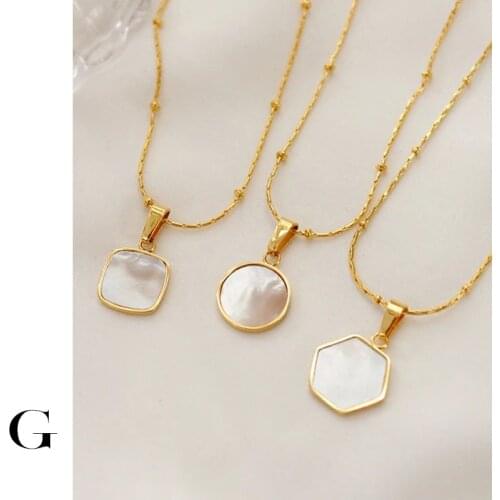 GHIDBK Stainless Steel Geometrical Natural Shell Coin Pendant Necklaces Dainty Square Charm Chokers Minimalist Collars Necklace