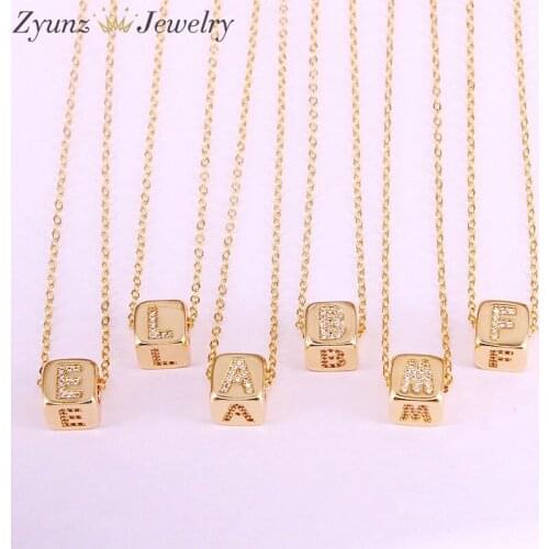 10PCS, CZ Micro pave letter bead charm pendant necklace Gold Color Cubic Zirconia Pendant with link chain necklace