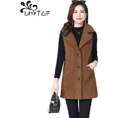 UHYTGF Autumn Winter Vests For Women Sleeveless Plush Casual Warm Coat Female Single Breasted Loose 5XL Plus Size Waistcoat 1199