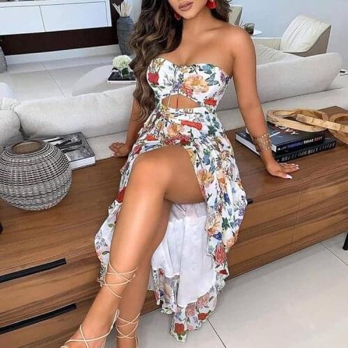 Women Sexy Floral Printed Dresses Sleeveless Off Shoulder Strapless Backless Hollow Out Split Long Maxi Dresses For Female Party