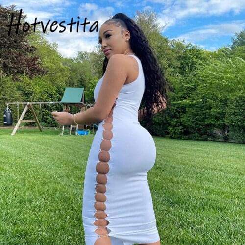 Hotvestita 2021 Summer New Fashion Woman Knitted Bodycon Maxi Sundress Solid Sexy Hollow Out Elegant Sleeveless Patchwork Dress