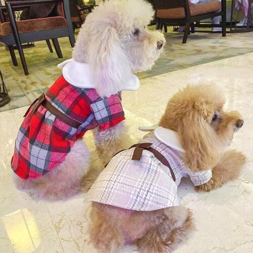Tartan Warm Princess Dog Clothes Student Doll Collar Bowknot Checked Woolen Dress Winter New Yorkshire Teddy Puppies Skirt