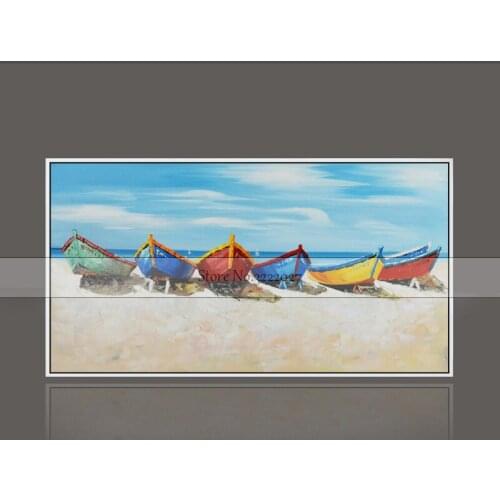 100% Hand Painted Textured Palette Knife Seaside boat Oil Painting Abstract Modern Canvas Wall Art Living Room Decor Picture