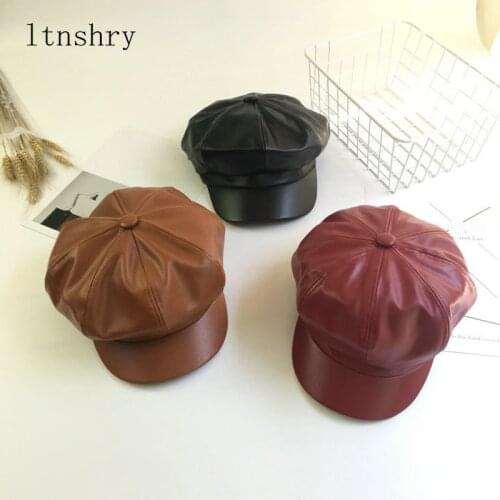 2019 leather Vintage Fashion Berets Painter hat Autumn Winter Caps Male Female Casual Solid Color PU Leather Octagonal Cap