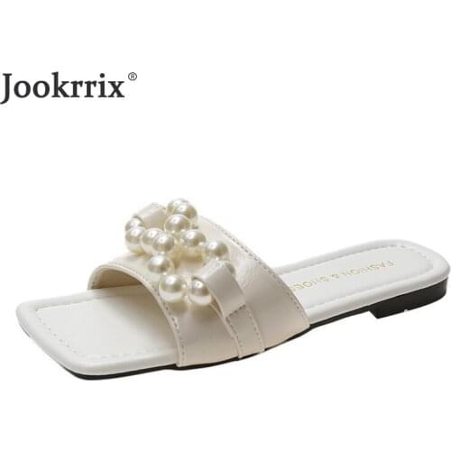 2021 Summer Women Slippers Adult Slides PU Fashion Solid Soft Sole Brand Pearl Outside Flats Low Heel Leisure Lady Shoes 35-43