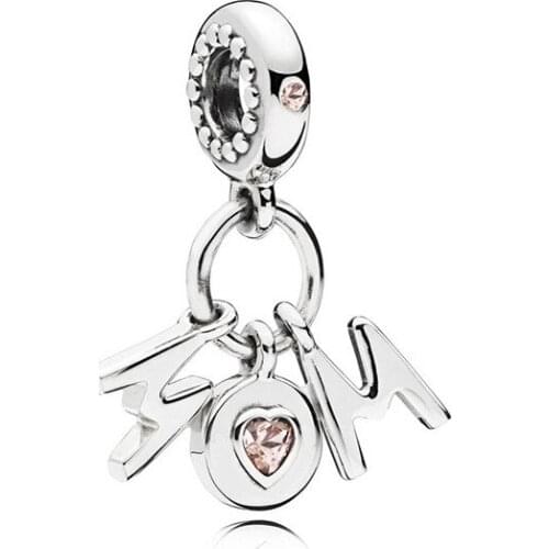 5PCS Fashion Women Rhodium Plated Word Mom Pink Crystal Charm Fit Original Bracelet Pendant Jewelry Making Mother Gift Wholesale