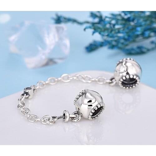 Free Shipping 925 Sterling Silver Embossed Hearts Safety Chain Charms Fit Original Bracelet For Women DIY Jewelry S925 Beads