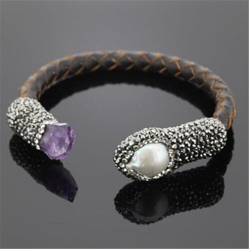Charm Unisex Bangle Cuff Pave Rhinestone Real Leather Natural Rough Pearl Amethysts Crystal Bead Bracelet For Women Wedding Gift