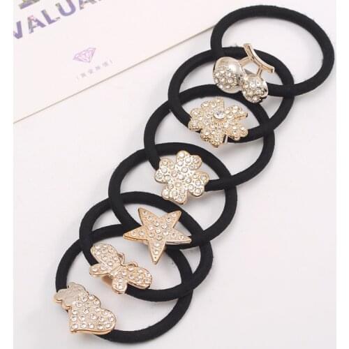 4PC Diamonds Black Headband Flower Heart Bow Hair Accessories for Women Girl Elastic Hair Bands Ponytail Holder Rubber Band Gum