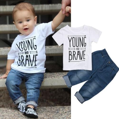 FOCUSNORM 1-5Y Fashion Infant Kids Boys Clothes Sets Letter Short Sleeve T Shirts Tops Blue Denim Pants 2pcs