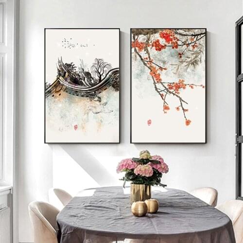 Japanese Style Painting on The Wall Canvas Art Ancient Buiding Peach Blossom Temple Nordic Picture for Living Room Poster Print