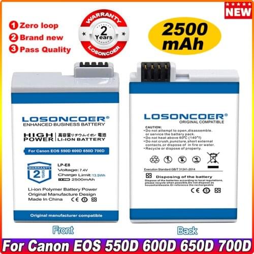 LOSONCOER 2500mAh LP-E8 LPE8 Battery For Canon EOS 550D 600D 650D 700D Kiss X4 X5 X6i X7i Rebel T2i T3i T4i T5i DSLR