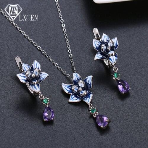 LXOEN Blue and White Porcelain Set Necklace Earrings Flower shape zircon Earrings Pendant Set Fashion Jewelry Enamel Gift