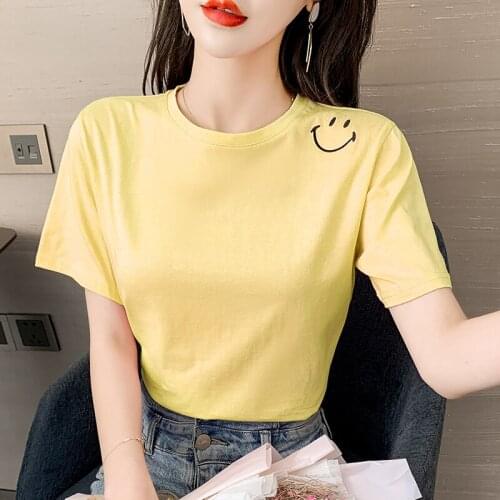Fashion New Smiley embroidery Tops Women Casual Short Sleeve Tees Summer Solid color Woman T-shirt 2021 tops for women