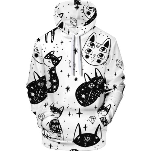 MenS Halloween Cat Creative Digital Printing Pullover 3D Drawstring Hooded