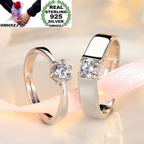 OMHXZJ Wholesale European Fashion Woman Man Party Wedding Gift Simple White Lovers AAA Zircon 925 Sterling Silver Ring Set RR239