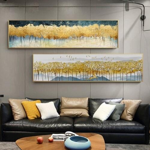 Wall Art Canvas Golden Foil Tree Forest Landscape Oil Painting Poster Big Size Wall Art Picture for Living Room Home Unstretched