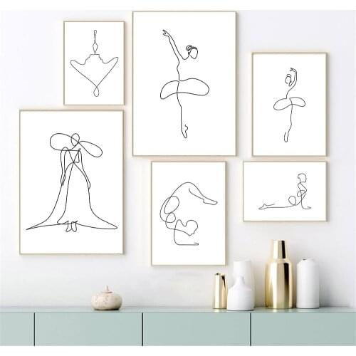 Black And White Line Drawing Posters And Prints Abstract Ballet Girls Canvas Painting Minimalist Wall Art Pictures Home Decor