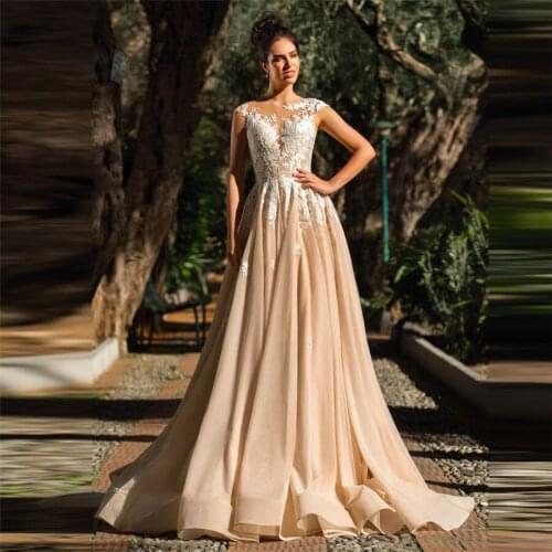 Sheer Scoop Neck Cap A-Line Wedding Dresses Lace Appliques Custom Made Illusion Bridal Gowns Princess Custom Made Spring Garden