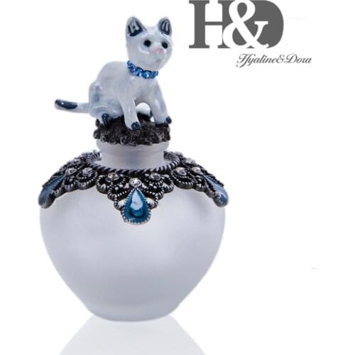 H&D 15ml Empty Refillable Perfume Bottle Fancy Retro Glass Bottle Jewelled Cat Figurine Stopper Home Wedding Decor Ladys Gift