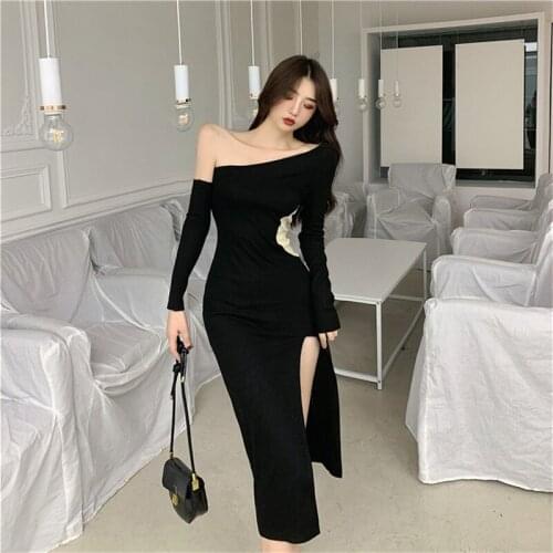 Real Shot 2020 New Fashion Party Sexy Sloping Shoulder Unilateral Sleeve Side Slit Ching Womens Dress