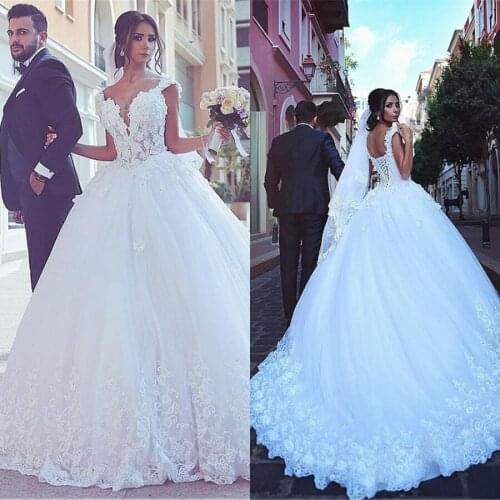 Luxury Sweetheart Applique Lace Crystal Arabic Wedding Dress 2020 Turkey African Women Ball Gown Wedding Gowns With Cap Sleeve