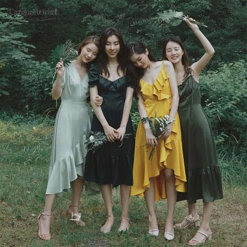 Silk Satin Fashion Bridesmaid Dresses 4 Styles Tea Length Wedding Party Gowns Charming Maid of Honor Gowns DB041