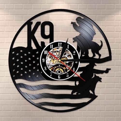 Dog Art Decoraitve 3D Wall Clock Watch K9 Police And Military Laser Cut Silent Quartz Vinyl Record Clocks Home Room Wall Decor