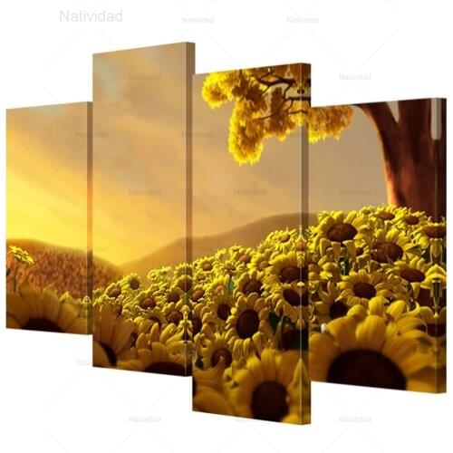 Modern Canvas 4 Pieces Sun Shines Golden Yellow Sunflower Wall Art Print Picture Landscape Modular Wallpaper No Frame Home Decor