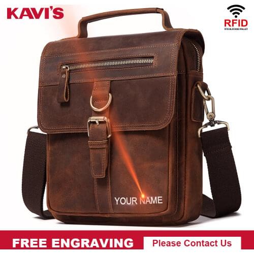 KAVIS Crazy Horse Leather Mens Shoulder Bag Vintage Messenger Bags Male Bolsos Crossbody Bags Quality Handbag Name Engraving