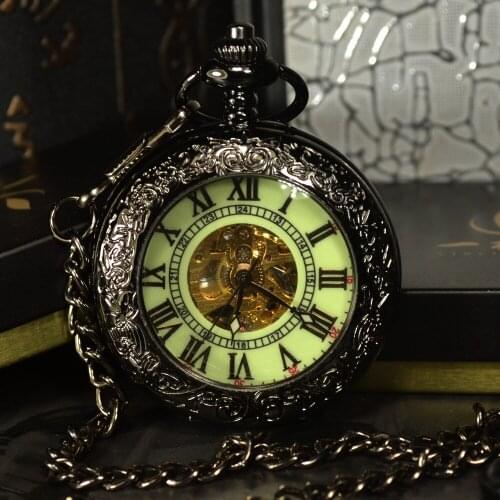 TIEDAN Steampunk Skeleton Mechanical Pocket Watches Men Antique Luxury Brand Necklace Automatic Pocket & Fob Watch Chain