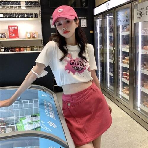 Women Korean Style Solid Pink Denim Mini High Elastic Waist Skirt A-line Simple Trendy Summer Student Cute Rose Red Skirts