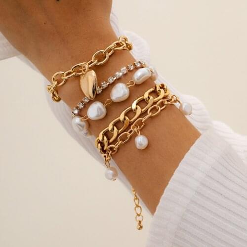 Women Fashion Baroque Pearl Diamond Love Pendant Multilayer Beaded Thick Chain Set Bangles Ladies Punk Party Jewelry