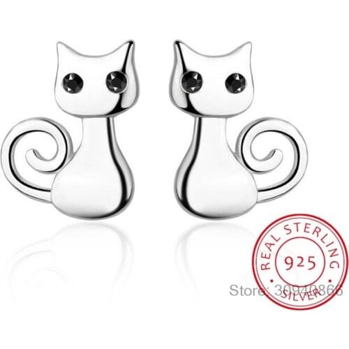 Genuine Fashion 925 Sterling Silver Sweet Cute Animal Hollow Cat Stud Earrings For Women Girls Wedding JewelryGift DA551