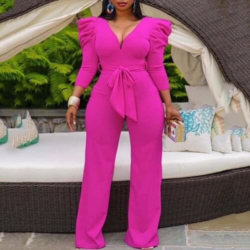 New Arrivals 2021 Autumn Fall Women Clothing Jumpsuits Pink Puff Sleeve High Waisted V Neck Elegant Evening Night Rompers Cloth
